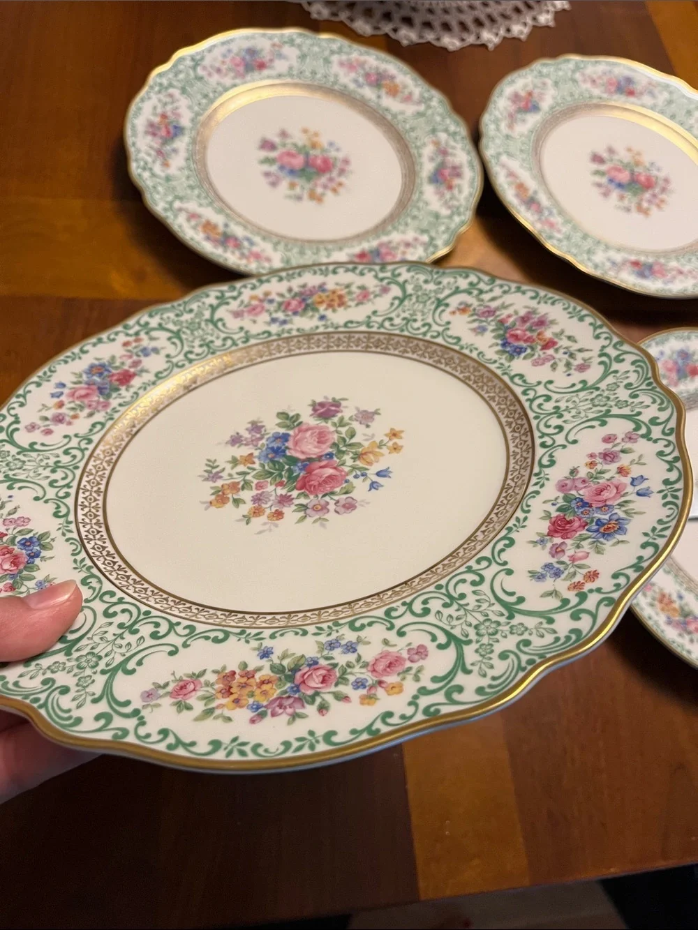 Classic Floral Dinner Plates – Green & Pink Pattern (Set of 4), vintage, bavaria